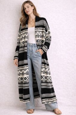 Women Caslon  By Norstrom Long Cardigan Aztec Tribal Boho Open Front Size S